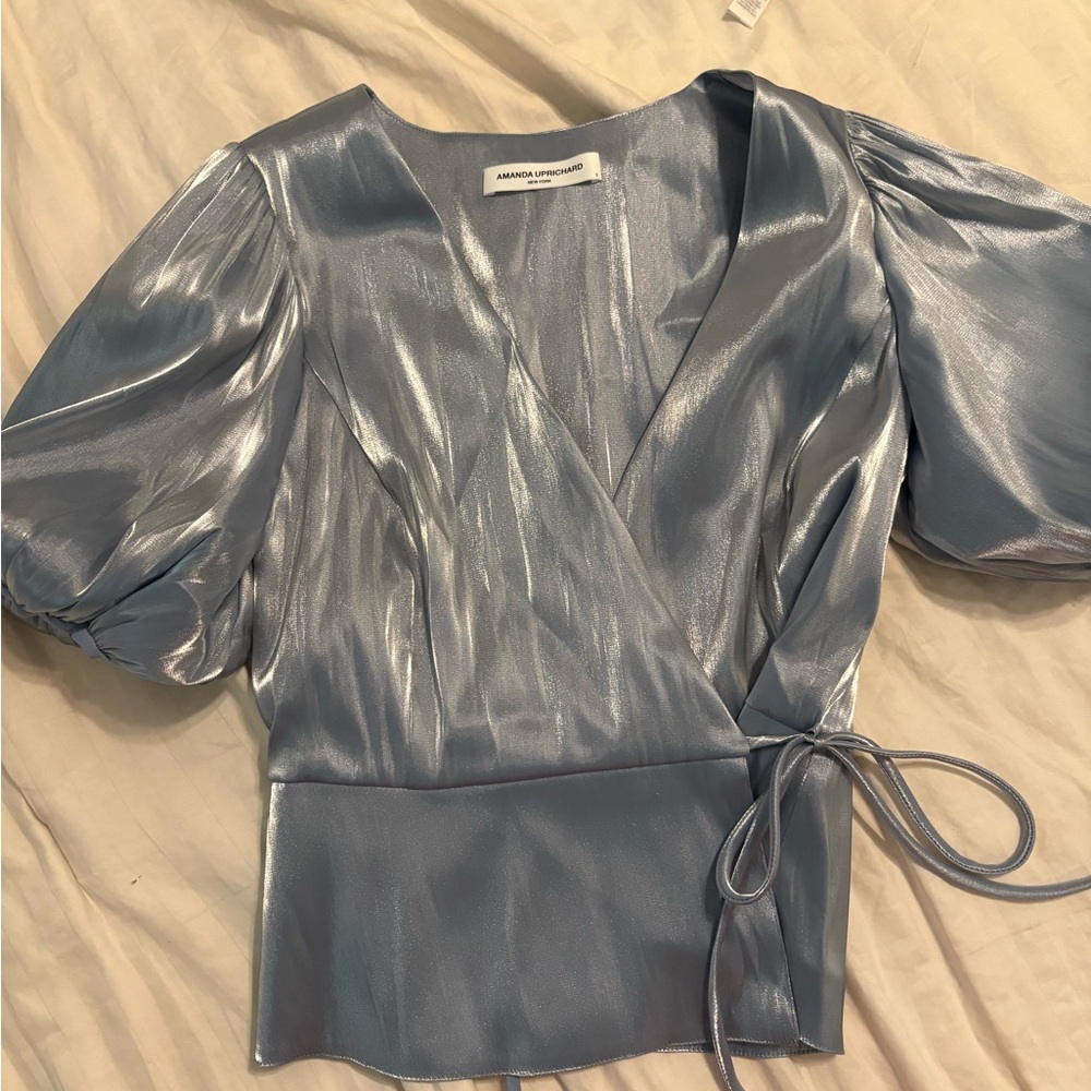 Amanda Uprichard Shimmering Silver Wrap Blouse